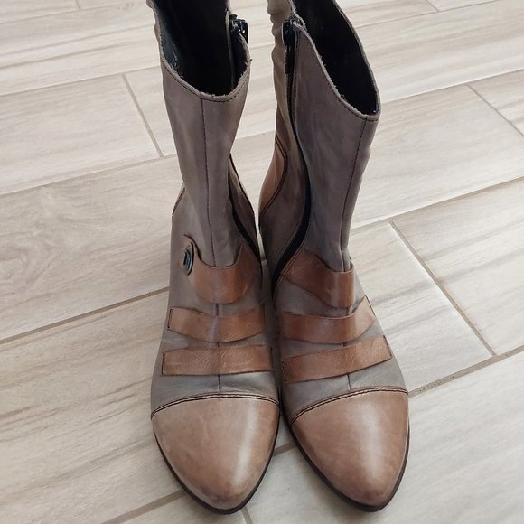 Fidji Taupe/Tan Distressed Leather Low Heel Boot. Size 36 - Picture 2 of 8